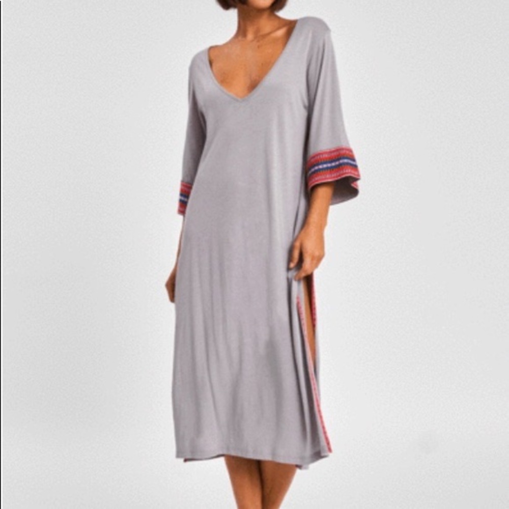 Pitusa Light Gray Midi Dress with Colorful Sleeve Trim
